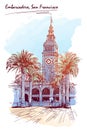 Panorama of the Embarcadero.Watercolor painted Sketch. EPS10 vector illustration.