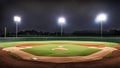 Panorama of empty baseball field at night from behind home pate Royalty Free Stock Photo