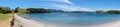 Panorama of empty beach on Urupukapuka Island in Bay of Islands, New Zealand, NZ Royalty Free Stock Photo