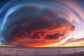 Panorama of the entire sky with dramatic rain clouds, golden hour.