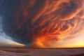 Panorama of the entire sky with dramatic rain clouds, golden hour.