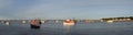 Panorama of the Estuary of the river Deben at Felixstowe Ferry with boats and Bawdsey in the background Royalty Free Stock Photo