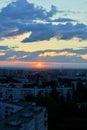 Panorama of the evening city of Togliatti on the background of a gorgeous summer sunset.