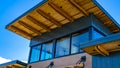 Panorama Exterior of a commercial building with brick wall and flat roof