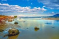 Panorama of the famous beach of Georgioupolis with the river, Chania, Crete, Greece