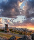 Panorama of Edinburgh against sunset with Calton Hill and castle in Scotland Royalty Free Stock Photo