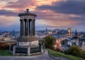 Panorama of Edinburgh against sunset with Calton Hill and Edinburgh castle in Scotland, United Kingdom Royalty Free Stock Photo