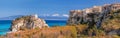 Panorama of Santa Maria dell`Isola Church with Tropea town in Calabria, Italy