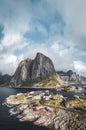 Panorama of famous tourist attraction Hamnoy fishing village on Lofoten Islands near Reine, Norway with red rorbu houses