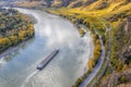 Panorama of Wachau valley (UNESCO) with ship on Danube river near the Durnstein village in Lower Austria, Austria Royalty Free Stock Photo