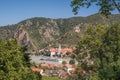 Panorama of Wachau valley (Unesco) with ship on Danube river against Duernstein village in Lower Austria, Royalty Free Stock Photo