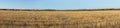 Panorama of flat agricultural landscape with forests and mountain