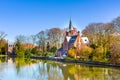 Panorama with Flemish style building reflecting in Minnewater lake, Bruges, Belgium Royalty Free Stock Photo