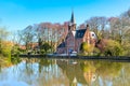 Panorama with Flemish style house reflecting in Minnewater lake, Bruges, Belgium Royalty Free Stock Photo