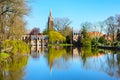 Panorama with Flemish style house reflecting in Minnewater lake, Bruges, Belgium Royalty Free Stock Photo