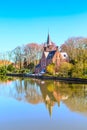 Panorama with Flemish style house reflecting in Minnewater lake, Bruges, Belgium Royalty Free Stock Photo