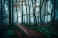 Panorama of foggy forest. Fairy tale spooky looking woods in a misty day. feels like horror scene in the morning