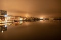 Panorama, foggy view from the central bridge over the river to central Umea city, Vasterbotten municipality, Sweden