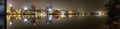 Panorama, foggy view from under the central bridge over the river to cityscape of Umea city, Vasterbotten municipality, Sweden