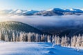 Panorama of the foggy winter landscape in the mountains Royalty Free Stock Photo