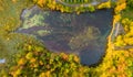 Panorama of forest in the autumn from height a beautiful calm lake in the landscape Royalty Free Stock Photo