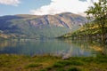 Panorama of forested mountains, fjord and village. Norwegian landscape. North Sea, Norway Royalty Free Stock Photo