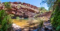 Panorama of Fortescue Falls and pool at the bottom of Dales Gorge at Karijini National Park Royalty Free Stock Photo