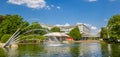 Panorama of the fountain in the lake of the Gruga park in Essen Royalty Free Stock Photo