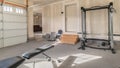 Panorama frame Assorted gym and fitness equipment in a garage