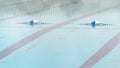 Panorama frame Blue and white buoy and rope lane marker floating on an outdoor swimming pool