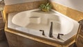 Panorama frame Built in bathtub at the corner of a sunlit bathroom with frosted glass window