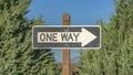 Panorama frame Close up of a One Way road sign against tree leaves and blue sky on a sunny day Royalty Free Stock Photo