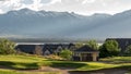 Panorama frame Golf course and residential area overlooking the lake mountain and valley Royalty Free Stock Photo