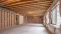 Panorama frame New home interior under construction with the wood framing visible Royalty Free Stock Photo