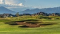 Panorama frame Scenic view of a golf course and residential area under blue sky on a sunny day Royalty Free Stock Photo