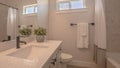 Panorama frame Toilet and vanity with cabinets and sink undermounted on the white countertop