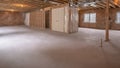 Panorama frame View of the interior wood framing beams of a new home under construction Royalty Free Stock Photo