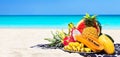 Panorama of fresh different tropical fruits placed on the beach with blue sky and sea background Royalty Free Stock Photo
