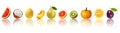 Panorama of fresh fruits and vegetables in row with reflection. Royalty Free Stock Photo