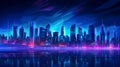 Panorama of a futuristic city with skyscrapers. Night city illuminated by bright neon lights, beautiful cityscape. Digital