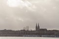 Panorama of the garonne quay quais de la garonne, in Bordeaux, France, with the Saint Andre Cathedral behind during a winter