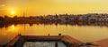 Panorama of Ghats at Pushkar lake on sunset in Rajasthan. India Royalty Free Stock Photo