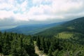 Panorama of the Giant Mountains. View of the mountains covered with green conifers