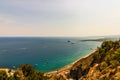 Panorama of Giardini Naxos bay and cruise ships anchored in Sicily, Italy. View from Taormina city Royalty Free Stock Photo