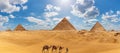 Panorama of Giza with the Pyramids, camels and a bedouin Royalty Free Stock Photo