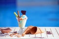 Panorama of glass with rainbow ice cream and colorful syrup on blur bokeh background with copy space. Waffle chocolate cones Royalty Free Stock Photo