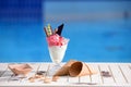 Panorama of glass with vanilla, watermelon ice cream on blur bokeh background with copy space. Cherry berries sorbet with waffles Royalty Free Stock Photo