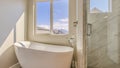 Panorama Glossy bathtub and separate shower inside the sunlit bathroom of a new house