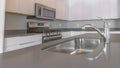 Panorama Glossy countertop with faucet and sink inside the modern kitchen of a home