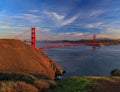 Panorama of the Golden Gate bridge with the Marin Headlands and San Francisco skyline at colorful sunset, California Royalty Free Stock Photo